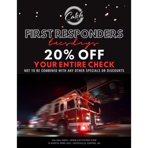 Catch 13 RVC flyer for "First Responders Tuesdays" offering 20% off, featuring a fire truck.