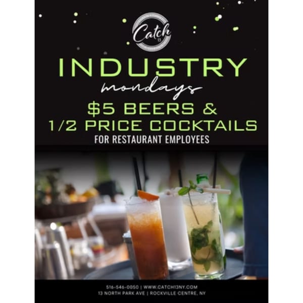 Catch 13 RVC's "Industry Mondays" ad with three cocktails and promotional text.
