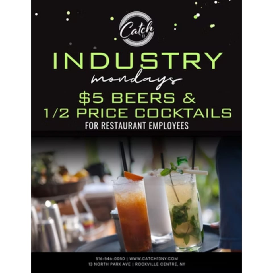 Catch 13 RVC's "Industry Mondays" ad with three cocktails and promotional text.