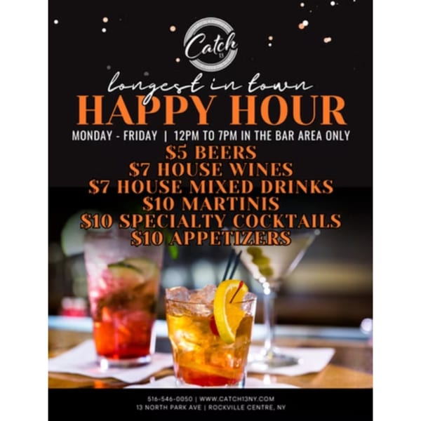 Catch 13 RVC Happy Hour advertisement with three cocktails and menu details.