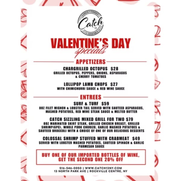 Catch 13 RVC's Valentine's Day specials menu featuring appetizers, entrees, and a wine offer.
