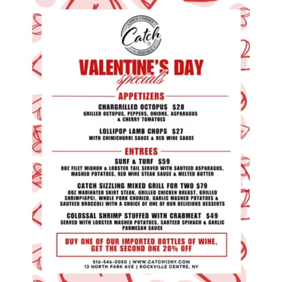 Catch 13 RVC's Valentine's Day specials menu featuring appetizers, entrees, and a wine offer.